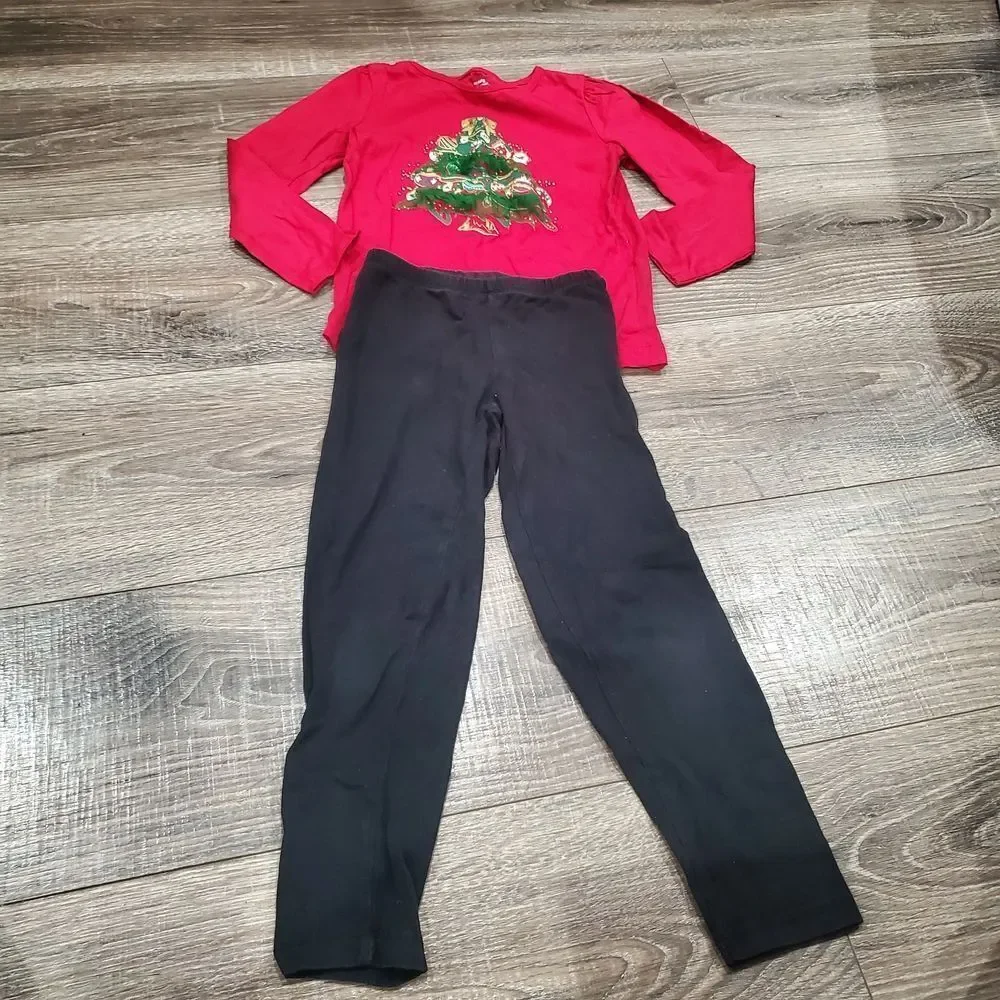 Girls Matching Outfit Set Size 4-5 Red Christmas Tree Top and Black Leggings Set